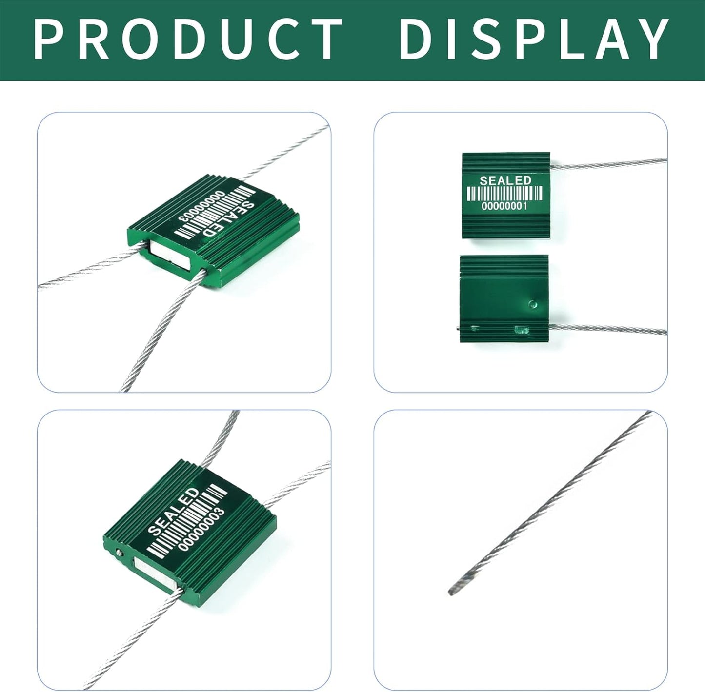 100 Green Steel Cable Seals With Barcode - High Security Numbered Truck Anti-Tamper Pull Tite Tags - Metal Container Shipping Self-Locking Safety Ties ISO 17712