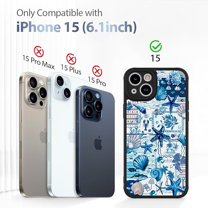 AIGOMARA Magnetic Case for iPhone 15 [Compatible with MagSafe] Blue Shell Starfish Ocean Holiday Collage for Women Girls Men Soft TPU Bumper Hack PC Back Heavy Duty Protective Slim Cover