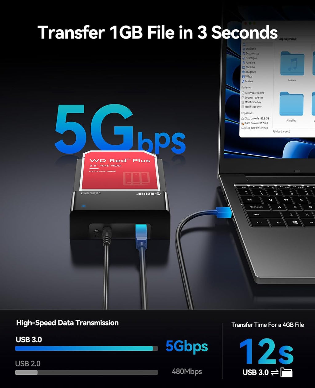 ORICO External USB 3.0 to SATA Hard Drive Lay-Flat Docking Station for 2.5 or 3.5in HDD, SSD Up to 24TB [Support UASP]