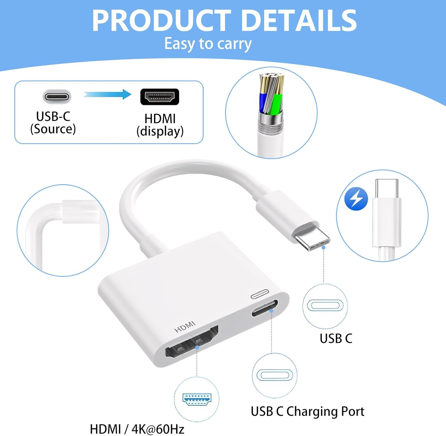 USB C to HDMI for TV, 4K@60Hz Type C to HDMI Adapter with Charging Port, iPhone to Hdmi to USB C Adapter Compatible for iPhone 16/15 Series/iPad Pro/Galaxy/MacBook Pro to HDTV Projector