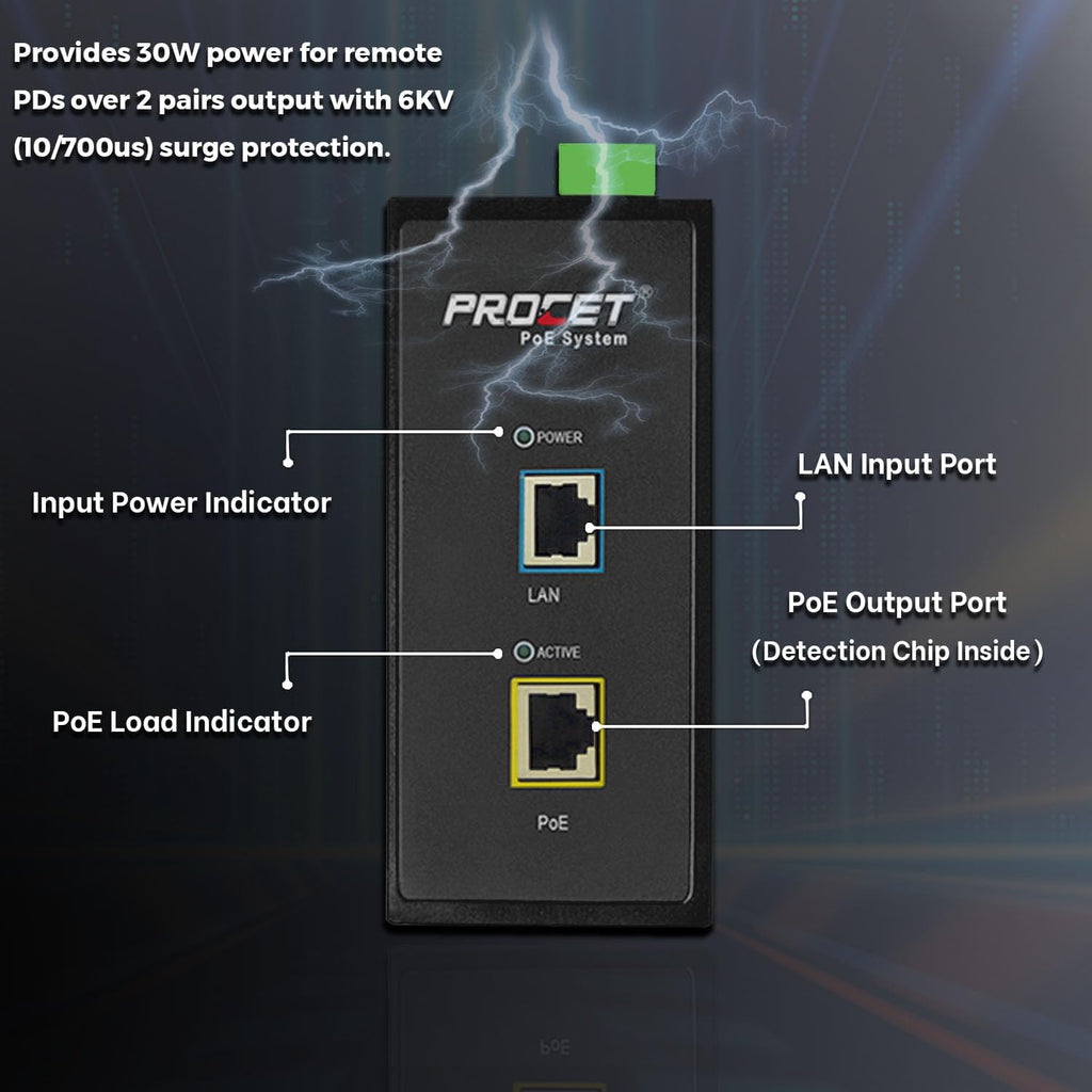 PROCET Gigabit PoE+ Injector Din Rail, 30W Industrial PoE Adapter with Wide Temp -40°F to 149°F, 6KV Surge Protection, AC/DC Input, IEEE802.3af/802.3at, PT-PSE105G-AC