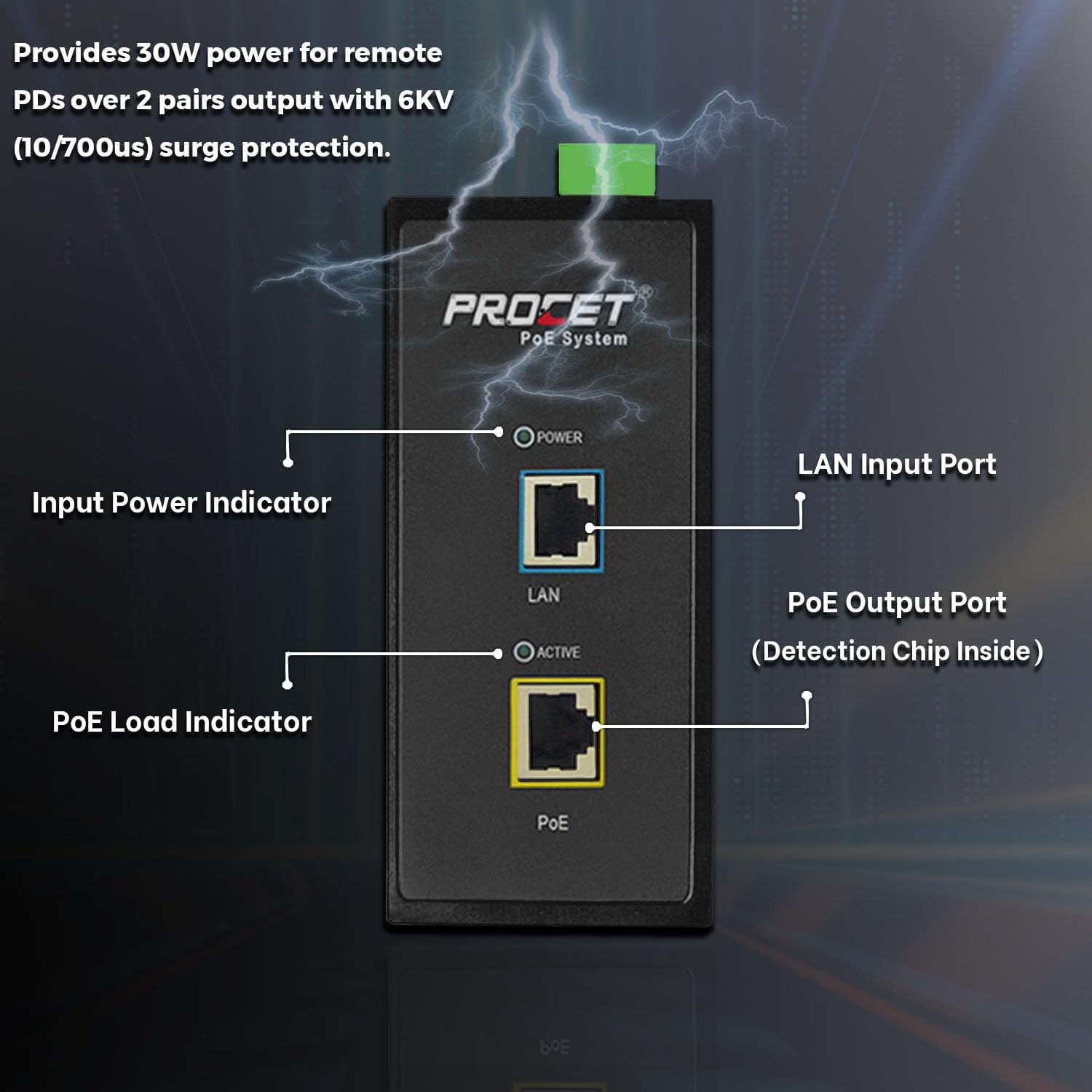 PROCET Gigabit PoE+ Injector Din Rail, 30W Industrial PoE Adapter with Wide Temp -40°F to 149°F, 6KV Surge Protection, AC/DC Input, IEEE802.3af/802.3at, PT-PSE105G-AC