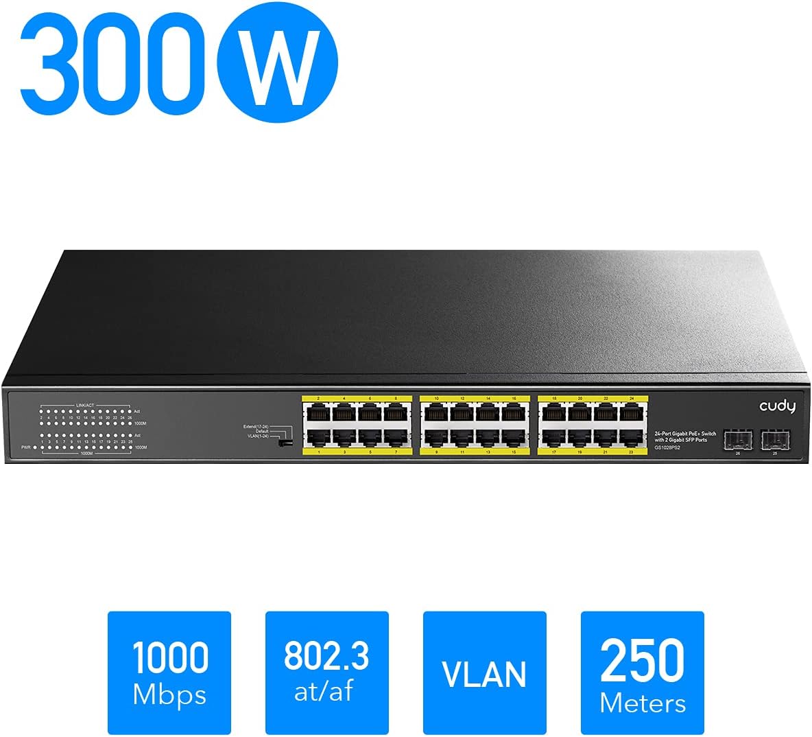Cudy 24 Gigabit Ethernet Unmanaged PoE+ Switch, 300W, 24 * 100/1000Mbps PoE+ Ports, 2 Gigabit SFP, CCTV / VLAN Mode, 19-inch Rackmount, 802.3af/at, GS1028PS2