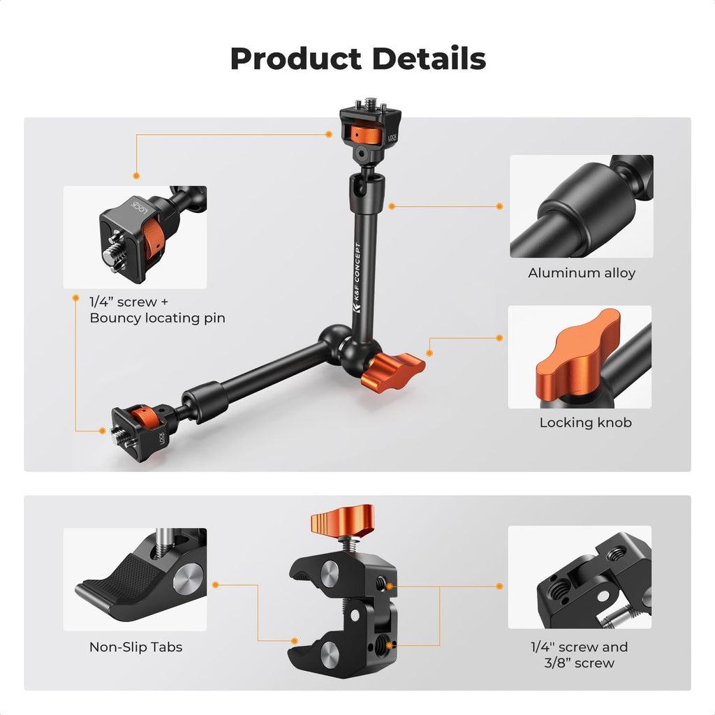 K&F Concept 11" Magic Arm Clamp Kit with 1/4" & 3/8" Thread Screw, Articulating Friction Arm Clamp Camera Mount for Monitor, LED Light, Webcam, Action Camera