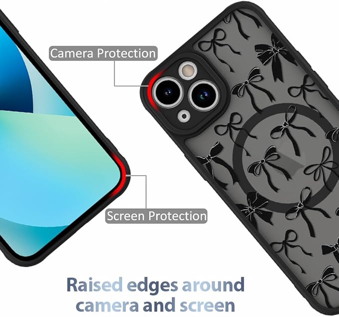 AIGOMARA Case for iPhone 13 [Compatible with MagSafe] Black Ribbon Bow Pattern Design Soft TPU Bumper Hard PC Back Anti-Fall Shockproof Protective Slim Magnetic Cover for Women Girls
