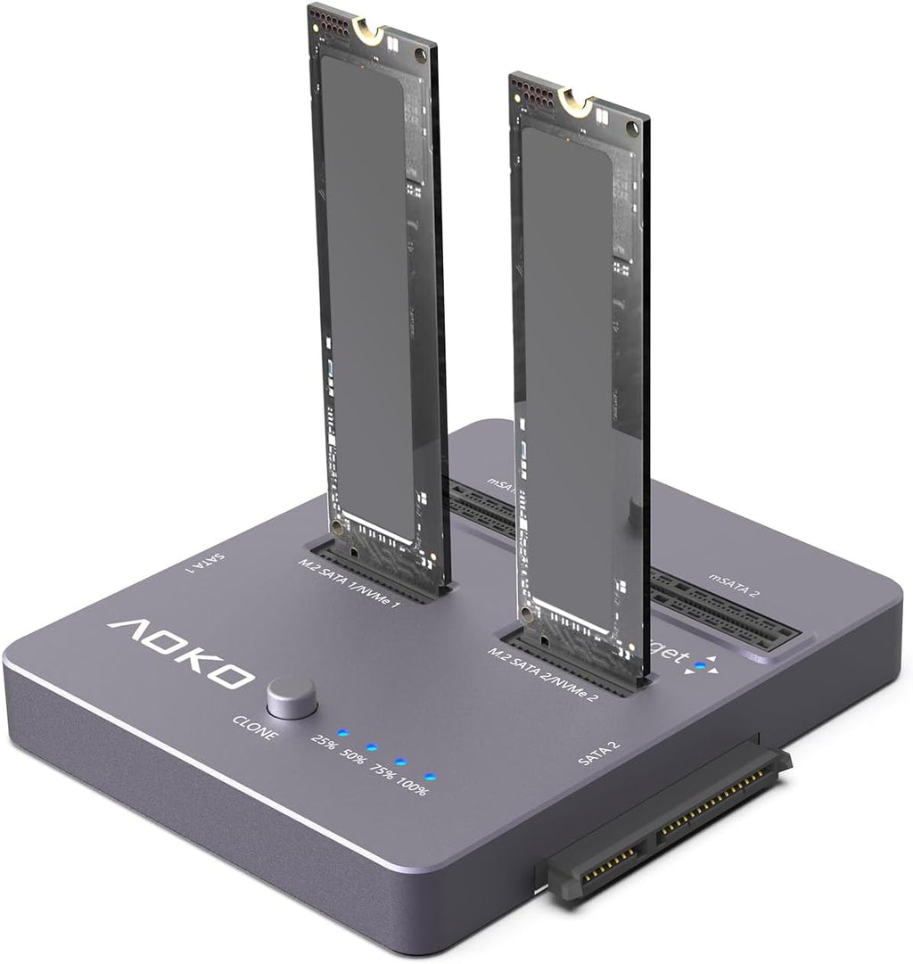 AOKO M.2 NVMe SSD Cloner, Dual-Bay 4-in-1 Hard Drive Duplicator/Reader, Supports M.2 NVMe/NGFF SATA, mSATA & SATA 2.5"/3.5" HDD,Offline Cloning Without PC