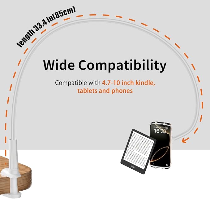 Gooseneck Kindle Holder for Reading in Bed - [Anti-Slip] Phone Holder for Bed, Kindle Paperwhite Stand Accessories, Overhead Cell Phone Clamp Mount for Desk, for Tablets 4-10 inches