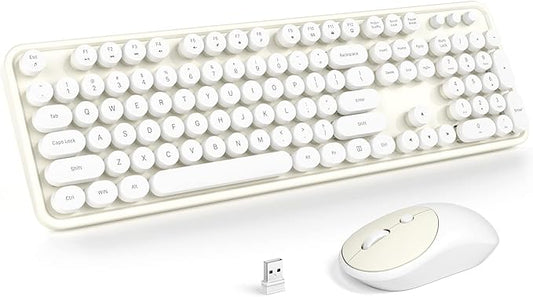 KNOWSQT Wireless Keyboard and Mouse Combo - White-Milky Full-Sized 2.4 GHz 104 Keys Typewriter Cute Keyboard, Round Keycap and Optical Mouse for Windows, Computer, PC, Laptop, Desktop