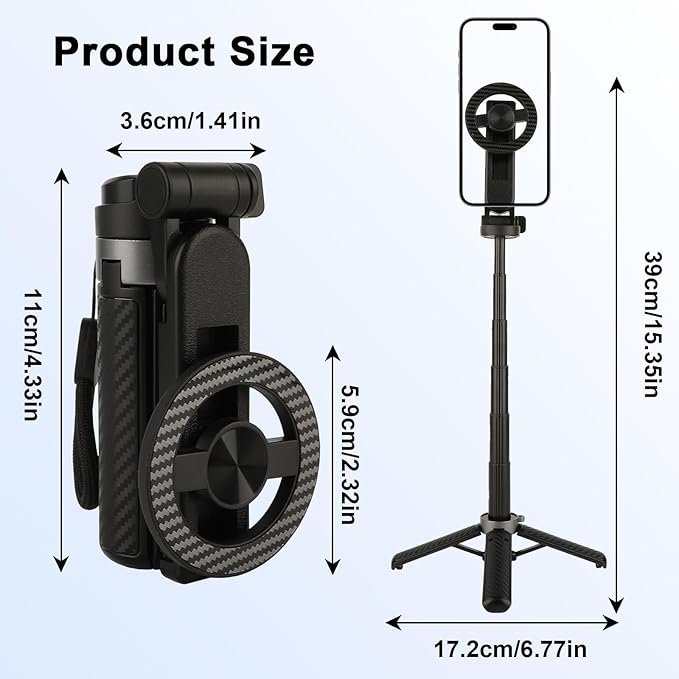 Magnetic Selfie Stick with Remote, 360° Rotation Phone Tripod, 4-in-1 Multifunctional Magnetic Phone Selfie Stick, Mini Portable Extendable Mag Tripod for Cell Phone Video Recording Trave