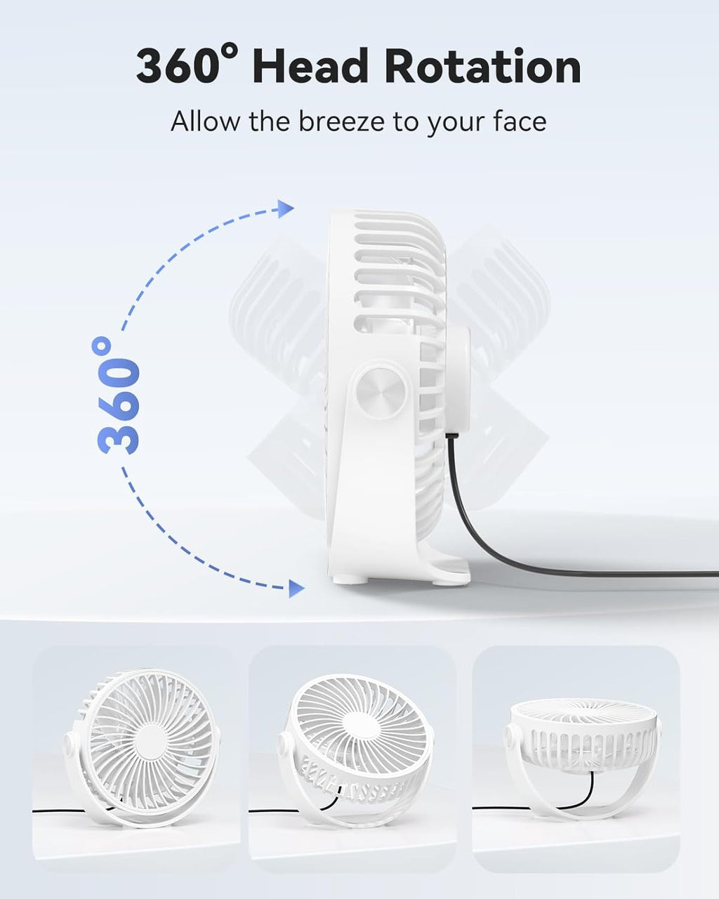 USB Desk Fan, 5 Inch Mini Portable, 3 Speeds Strong Airflow Personal Desktop, Detachable Cooling Fan 360° Rotation Quiet Small Fan for Desk Home Office Travel Car, White, 5ft Cable