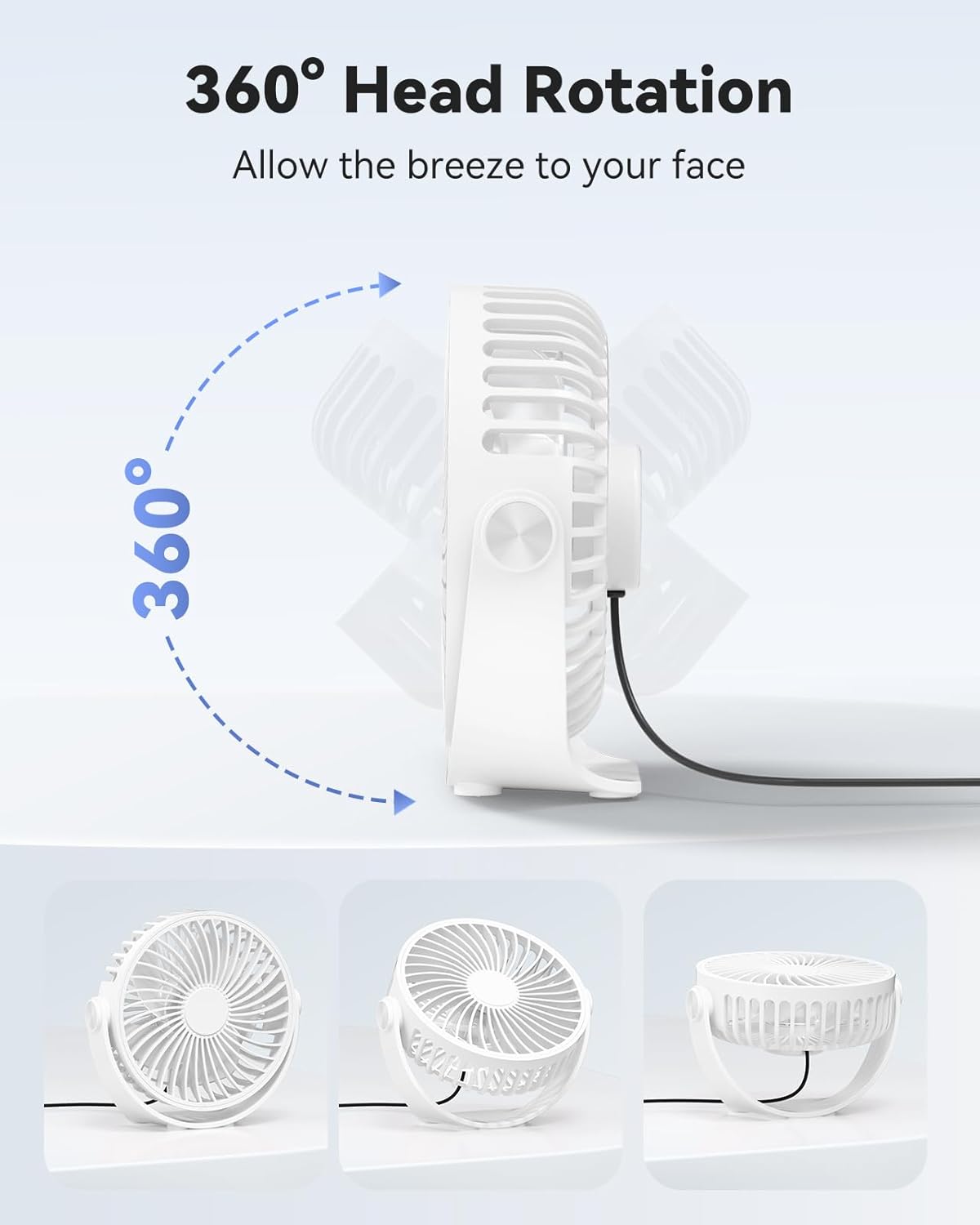 USB Desk Fan, 5 Inch Mini Portable, 3 Speeds Strong Airflow Personal Desktop, Detachable Cooling Fan 360° Rotation Quiet Small Fan for Desk Home Office Travel Car, White, 5ft Cable