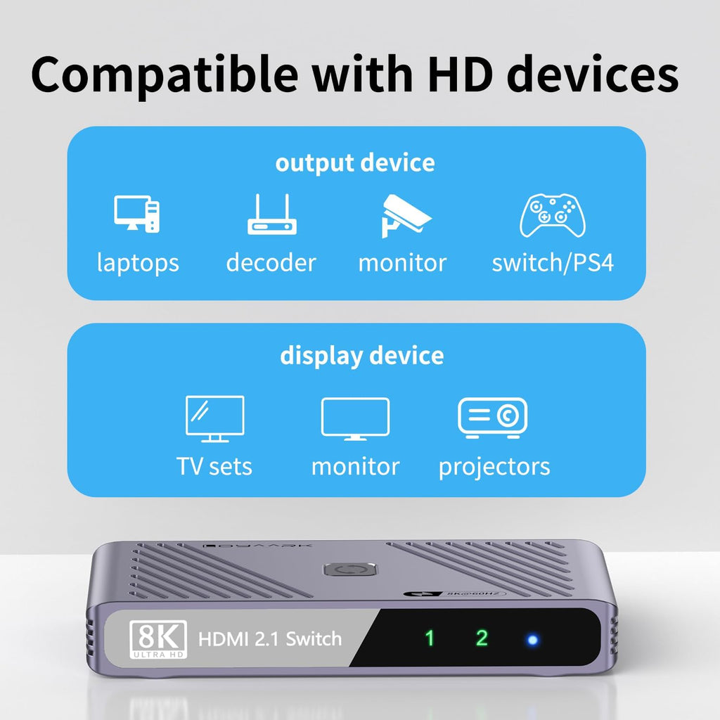 Video Selector Boxes， 8K@60Hz Splitter, bi-Directional 8K HD switcher 2 in 1 Out, Support 3D, HDR, Compatible with laptops, PC, Xbox Series, projectors, TV Monitors DSLR Cameras,