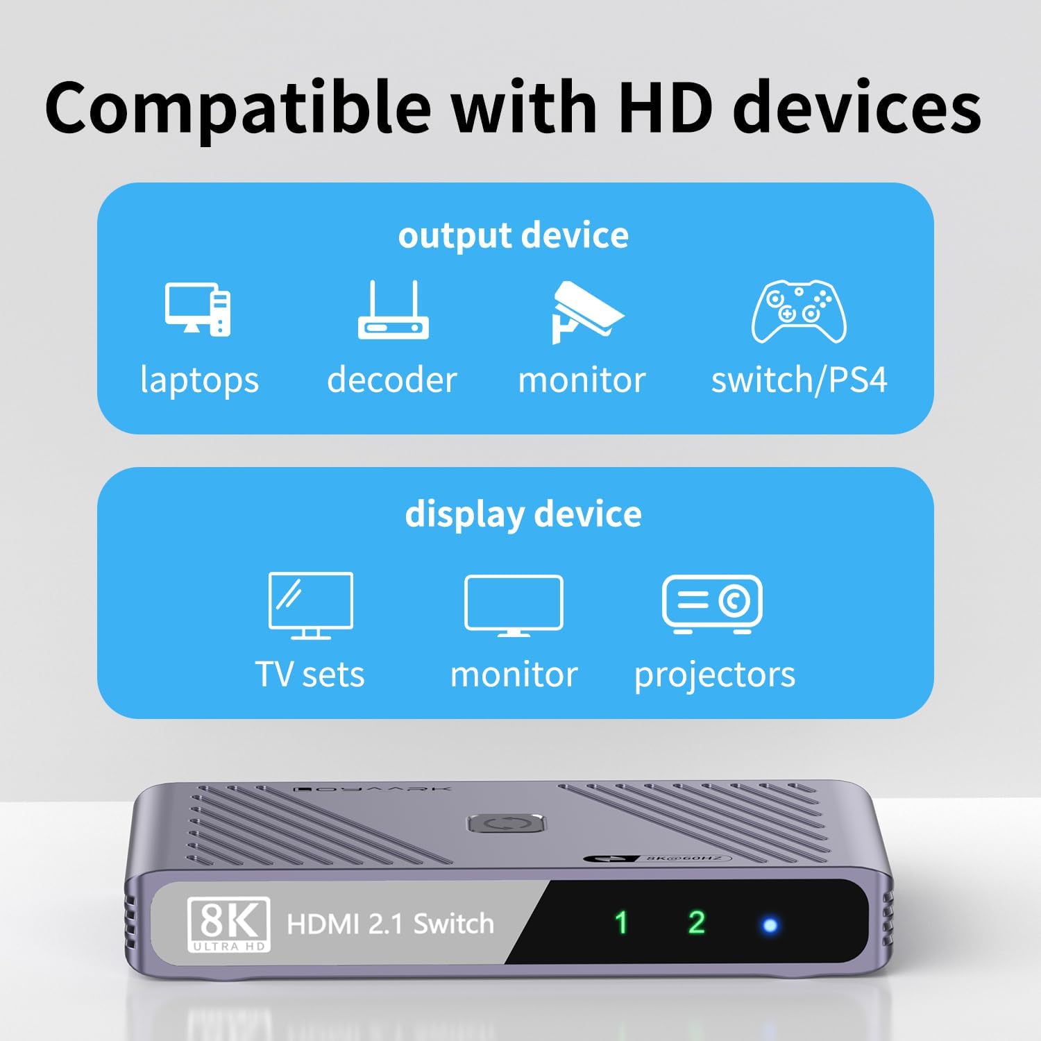 Video Selector Boxes， 8K@60Hz Splitter, bi-Directional 8K HD switcher 2 in 1 Out, Support 3D, HDR, Compatible with laptops, PC, Xbox Series, projectors, TV Monitors DSLR Cameras,