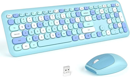 KNOWSQT Wireless Keyboard and Mouse Combo, Pale Blue Full-Sized 2.4G Silent Keycap Colorful Keyboards, USB Dongle Plug Play, for Laptop, Windows, PC, Computer, Desktop