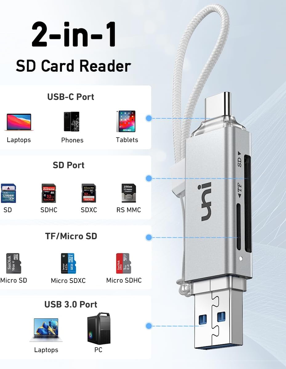 SD Card Reader, uni High-Speed USB C to Micro SD Card Adapter USB 3.0 Dual Slots, Memory Card Reader for SD/Micro SD/SDHC/SDXC/MMC, Compatible with MacBook Pro/Air, Chromebook, Android Galaxy - Silver