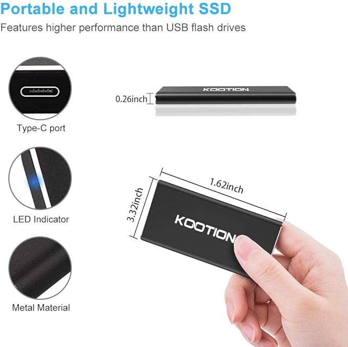 KOOTION 1TB External SSD Hard Drive USB 3.1 Type-c Ultra-Slim Portable Solid State Drive 1TB, Read up to 500MB/s & Write up to 450MB/s