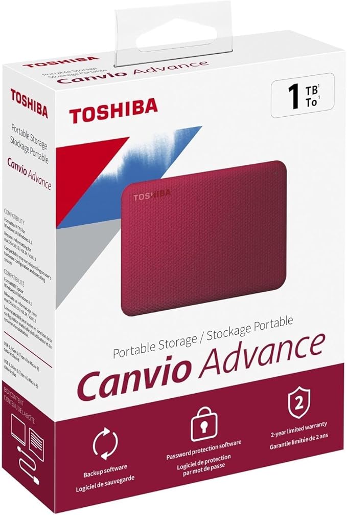 Toshiba Canvio Advance 1TB Portable External Hard Drive USB 3.0, Red - HDTCA10XR3AA