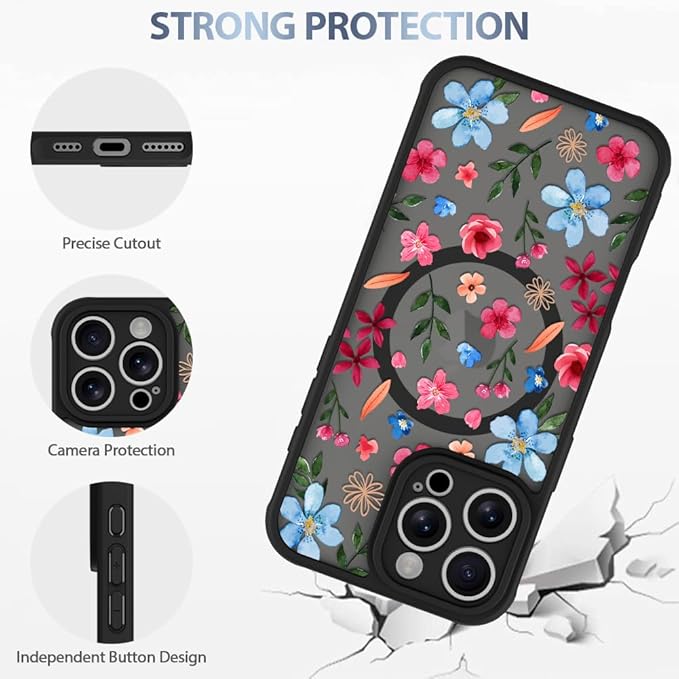 AIGOMARA Magnetic Case for iPhone 16 Pro [Compatible with MagSafe] Cute Pink Blue Flower Floral Pattern Soft TPU Bumper Hard PC Back Anti-Fall Shockproof Protective Slim Cover for Women Girls