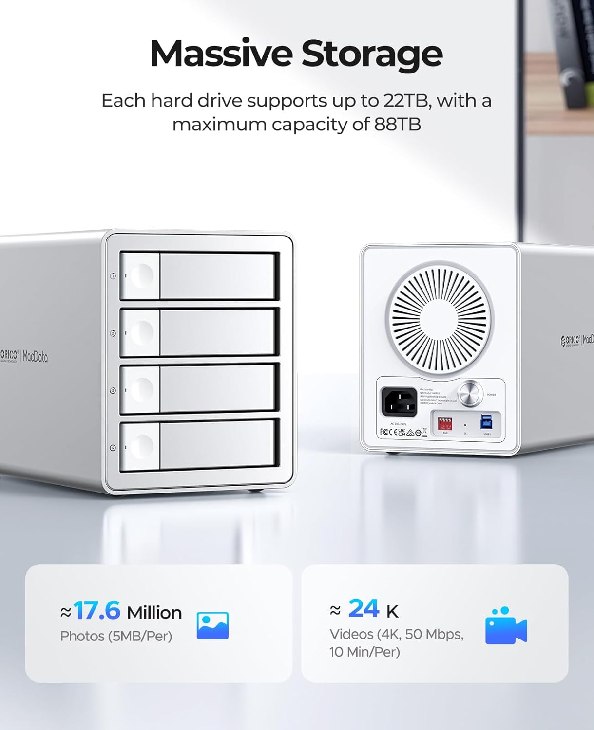 ORICO 4Bay RAID External Hard Drive Enclosure USB3.0 for 2.5/3.5 Inch SATA HDD/SSD up to 5X 22TB Supports RAID 0/1/3/5/10/JBOD/Clone/ClearMode -9948RU3