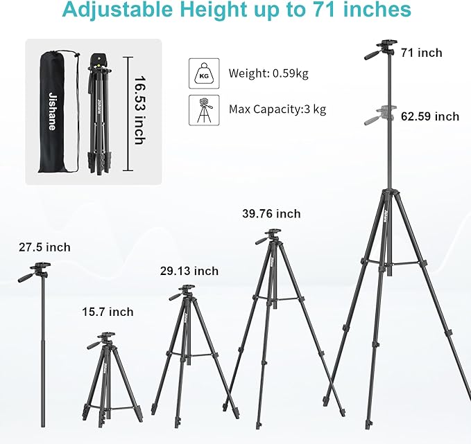 71" Camera Tripod, Versatile Cell Phone Tripod with Wireless Remote Phone Holder and Carry Bag, Lightweight Portable Camera Tripod Stand Compatible with Smartphone Cameras, Max Load 6.6 lbs