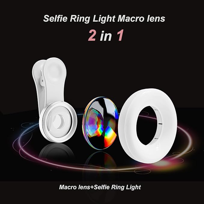 15X Macro Lens with LED Ring Light for iPhone & Android - Rechargeable Portable Clip-On Lens for Smartphone Photography, Vlogging, Close-Up Photos & Video Recording - 3 Light Modes, USB Fast Charging