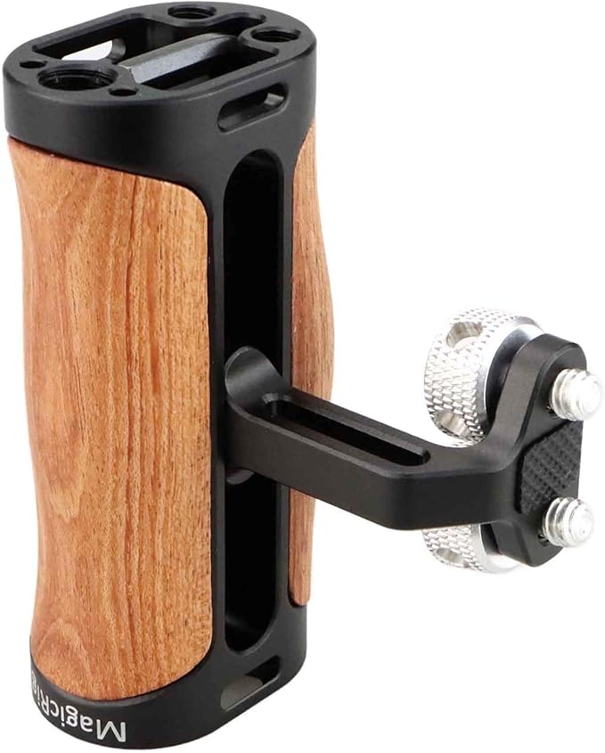 Side Handle Wooden Handgrip with Two 1/4"-20 Screws for DSLR Camera Vlog Camera Cage, Portable Mini Handle for Left/Right Hand with Cold Shoe 1/4" 3/8" ARRI Thread, Up and Down Adjustable