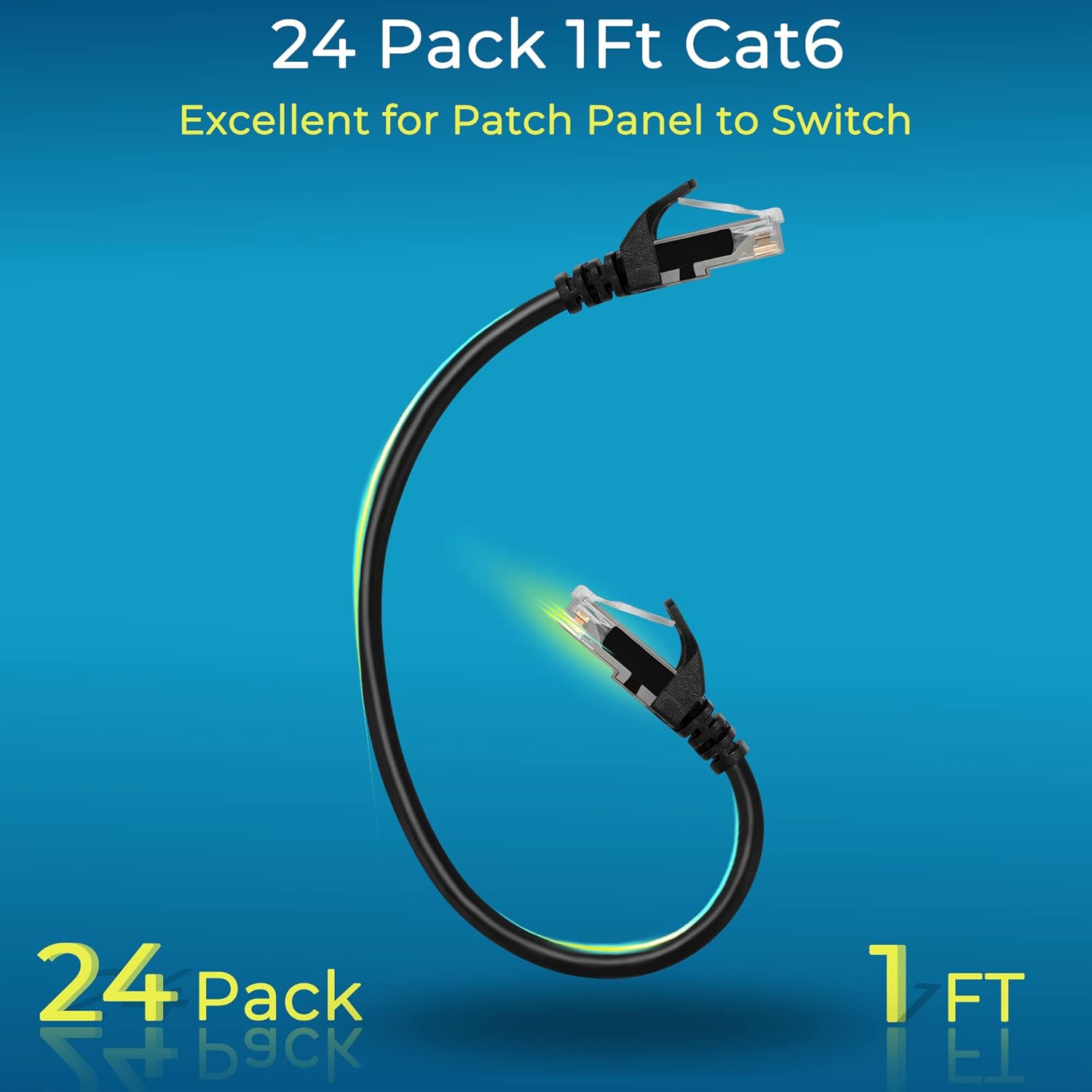 Rapink Patch Cables Cat6 1ft (48 Pack), Ethernet Patch Cable 10G, Cat 6 Patch Cable for Patch Panel to Switch, Flexiable Cat 6 Ethernet Cable with Gold Plated Black