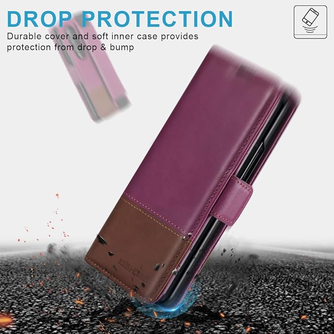 KEZiHOME for Samsung Galaxy Z Fold 4 Case, Genuine Leather Wallet Case [RFID Blocking] with Card Holder Flip Kickstand Magnetic Cover Compatible with Samsung Z Fold 4 5G (Purple/Brown)