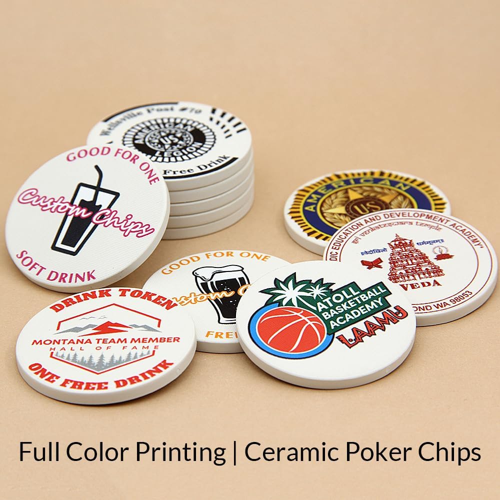 100 Custom 𝗖𝗲𝗿𝗮𝗺𝗶𝗰 𝗣𝗼𝗸𝗲𝗿 𝗖𝗵𝗶𝗽𝘀 with Your Personalized Text or Logo, 39mm/1.5 in Casino Poker Chips Sized