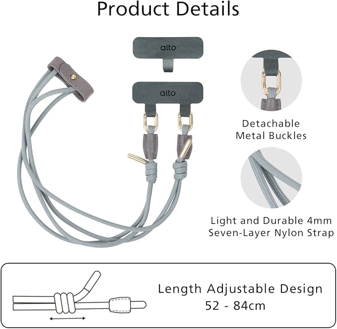 alto Crossbody Phone Lanyard: detachable patch, nylon strap with Italian leather pad, for iPhone and android full body phone cases (Cement Gray)