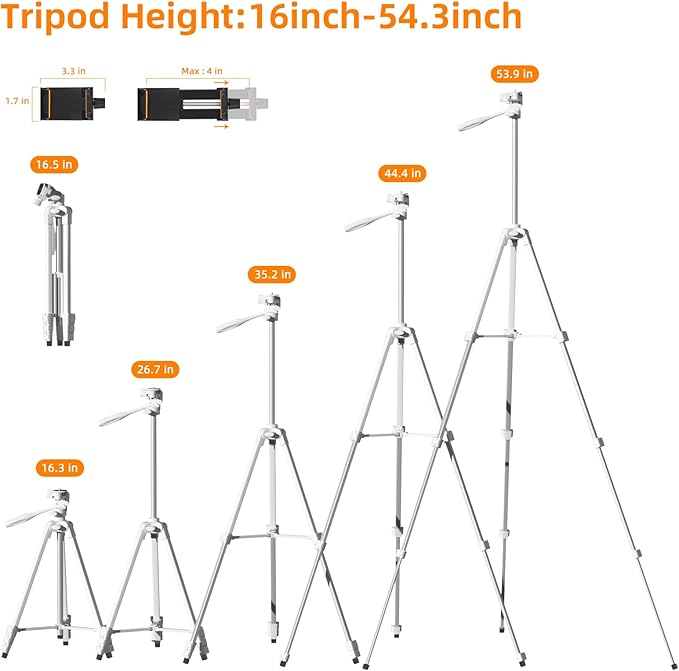 PHOPIK Extendable Tripod Stand - 55" Phone Tripod with 360 Panorama, Shutter-Video, 1/4" Mounting Screw for iPhone/Android/Sport Camera&Insta360 x5 - White