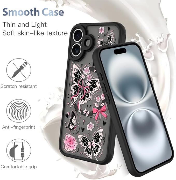 AIGOMARA Case for iPhone 16 Plus [Compatible with MagSafe] Cute Butterfly Pink Flower Floral Pattern Soft TPU Bumper Hard PC Back Anti-Fall Shockproof Protective Slim Magnetic Cover for Women Girls