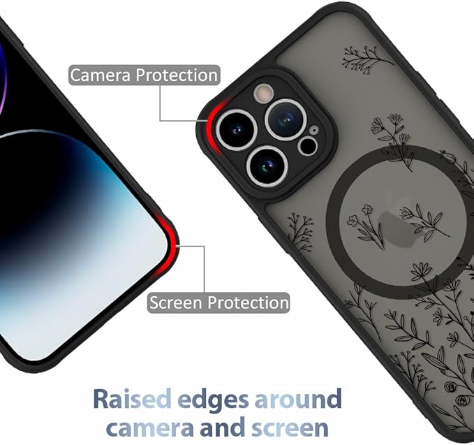 AIGOMARA Magnetic Case for iPhone 14 Pro Max [Compatible with MagSafe] Cute Black Flower Floral for Women Girls Soft TPU Bumper Hard PC Back Anti-Fall Shockproof Protective Slim Cover