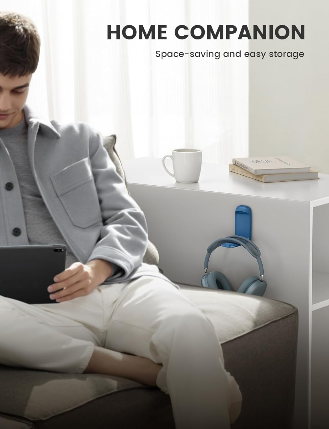 Lamicall Headphone Stand, Sticky Headset Holder - Foldable Headphone Holder Hook Mount, Adhesive Headset Hanger Clip Under Desk, Earphone Clamp for Airpods Max, HyperX, Sennheiser, Blue