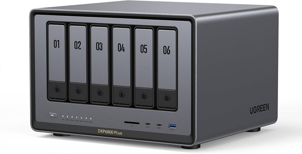 UGREEN NASync DXP6800 Plus 6-Bay Desktop NAS, Intel i3 1215u 6-Core CPU, 8GB DDR5 RAM, 128G SSD, 1X 10GbE and 1X 2.5GbE LAN Port, 2X M.2 NVMe Slots, 4K HDMI, Network Attached Storage (Diskless)