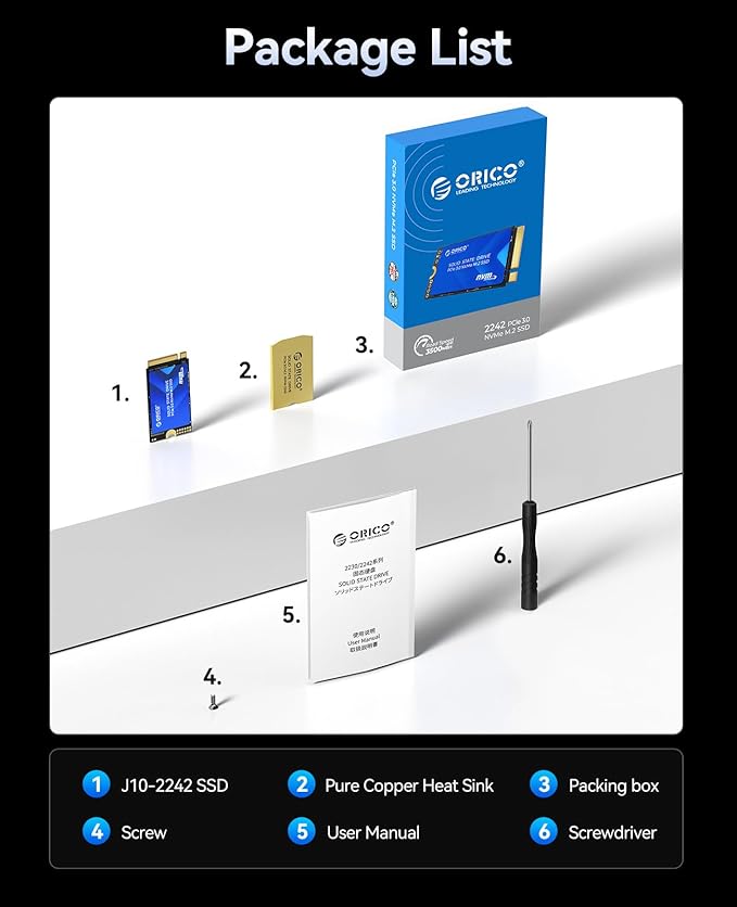 ORICO M.2 2242 NVMe SSD 512GB, PCIe 3.0 with 3200MB/s Read Speed, 3D NAND, Copper Heat Sink for Laptops, Mini PCs, IoT Devices, and DIY External Drives - J10-2242