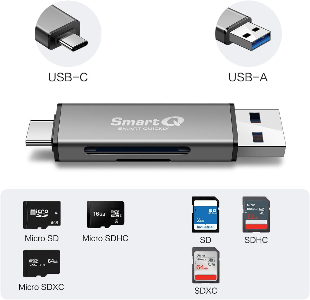 SmartQ C350 USB C sd card reader and USB 3.0 Super Speed Memory Card adapter for MicroSDXC and SDHC Card, SD, SDXC, SDHC, SD Cards, Works for Windows, Mac OS X, Android Devices, OTG Adapter