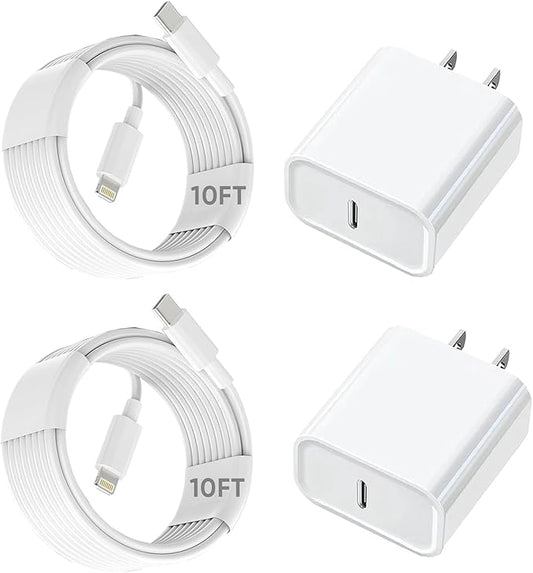 10FT iPhone Fast Charger,2Pack[Apple MFi Certified]iPhone Fast Charging USB C Blocks Wall Charger PD Adapter with Long 10 Foot USB C to Lightning Cable for i Phone14/13/12/11Pro Max/XS/SE/AirPods,iPad