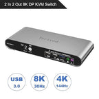 2 Port DP USB 3.0 Automatic KVM Switch Dual Monitor 4K@144Hz Two Computers Two DisplayPort Monitors switcher, 8K@30Hz, Aluminum hotkey Audio mic, Digital Display, HDR10 with Cables