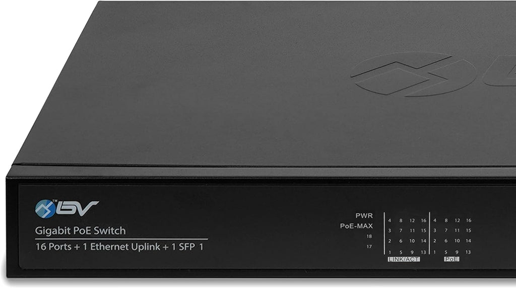 BV-Tech 16 Ports PoE+ Switch (16 Gigabit Ethernet Ports | 1 Ethernet +1 SFP Uplink) -230W - Fanless Desktop Design, Sturdy Metal Housing - 802.3af/at