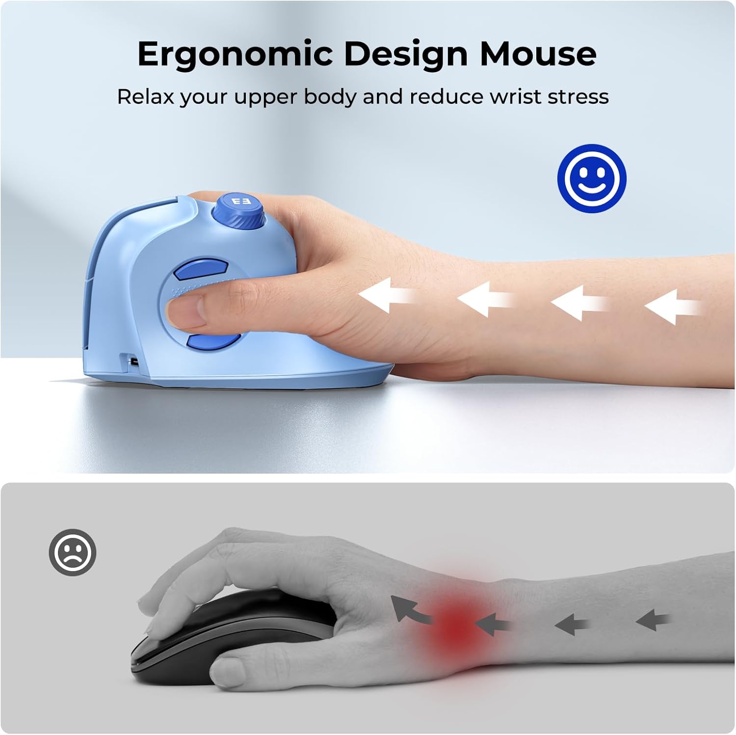 seenda Ergonomic Mouse Rechargeable, USB+Dual Bluetooth, MOU-302 Vertical Wireless Mouse with Volume Knob, Quiet Clicks, Multi-Device Cordless Mice Compatible for Windows, PC, Laptop, Mac OS, Blue