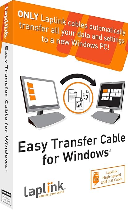 LAPLINK Easy Transfer Cable for Windows, Includes PCmover Express Software and USB 2.0 PC to PC Cable, Single Use License, Transfers Files, Settings, and User Profiles. Compatible with Windows 11