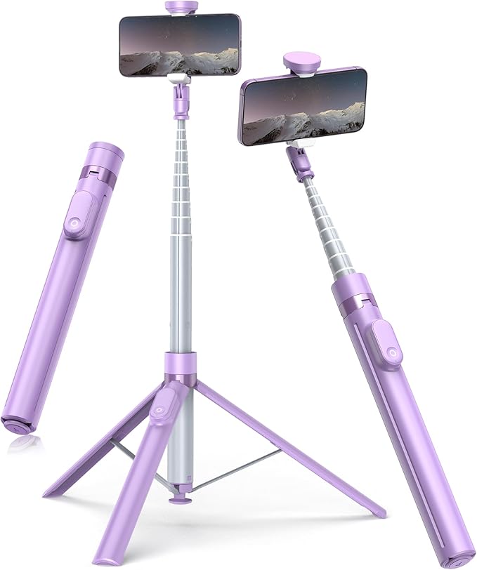 TONEOF 66" Automatic Tripod,Auto-Open Phone Tripod Stand with Magnetic Rechargable Remote,Selfie Stick Tripod 360° Vertical & Horizontal Rotatable,Stable Travel Tripod for iPhone/Android(Purple)