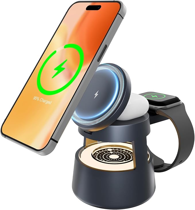 Wireless Charging Station for Magsafe: 4 in 1 Fast Charger Stand 15W with Mushroom Light for iPhone 16e 16 15 14 13 12 Pro Max - for Apple Watch Ultra and AirPods Series - Nightstand Bedside (Black)