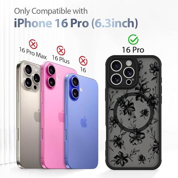 AIGOMARA Case for iPhone 16 Pro [Compatible with MagSafe] Ink Flower Floral Pattern Design for Women Girls Soft TPU Bumper Hard PC Back Anti-Fall Shockproof Protective Slim Magnetic Cover