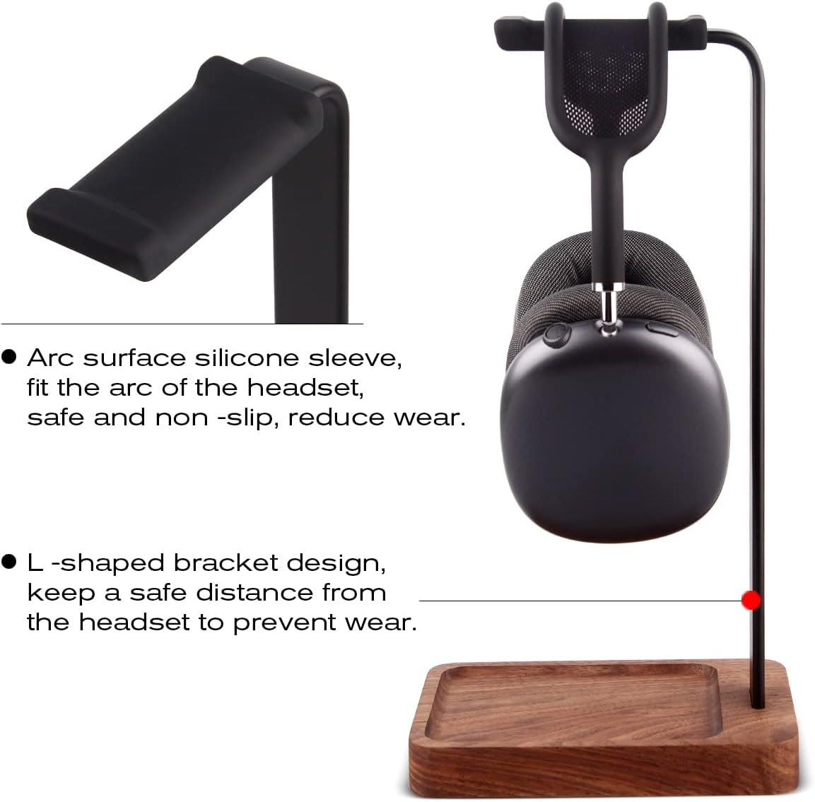 Walnut Wood & Aluminum Headset Holder, Desktop Headphone Stand, Universal headphone holder for most music gaming headsets - Black Walnut