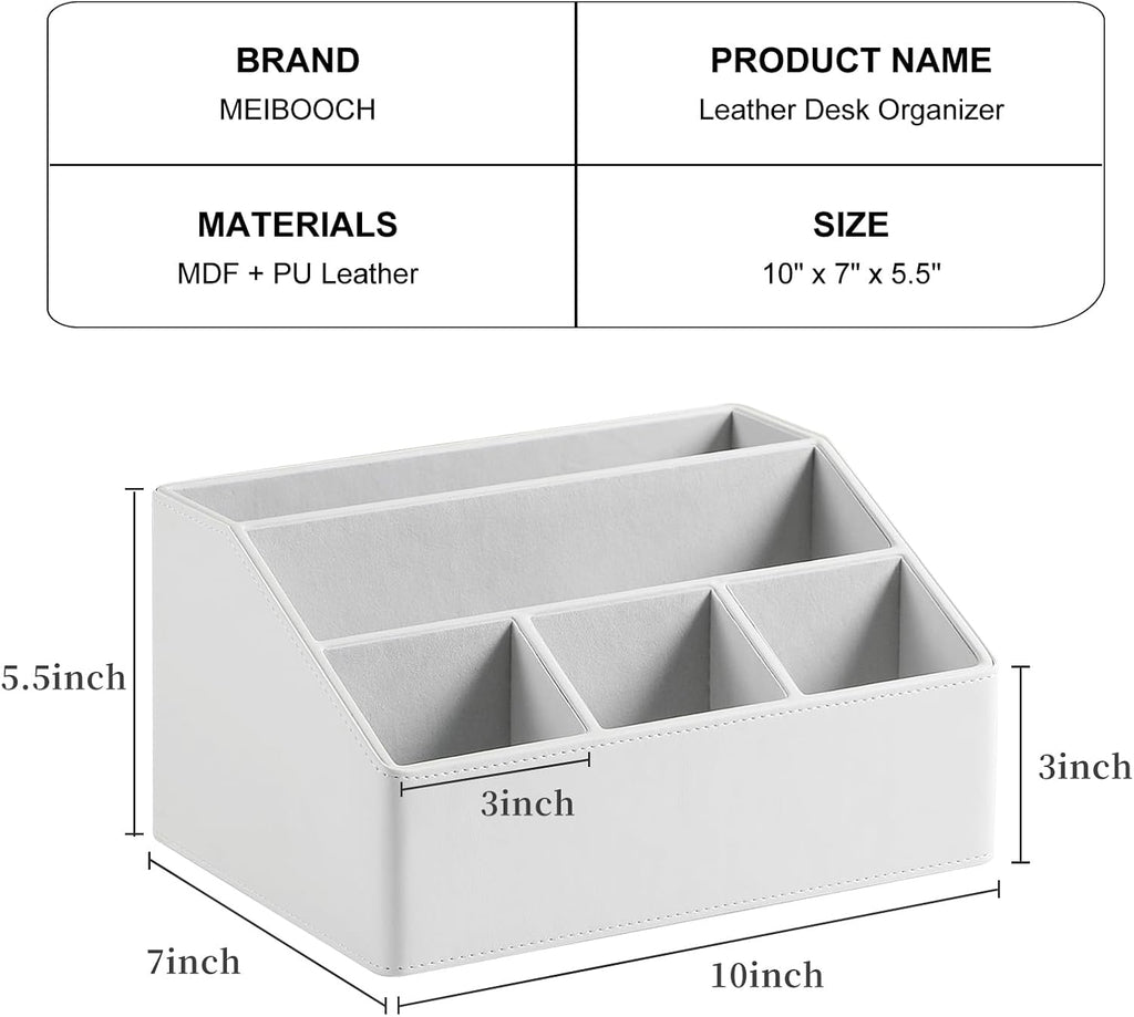 PU Leather Desk Organizer, Luxury Remote Control Holder for Home, Office Desk Accessories Table Caddy Bedside Nightstand Organizer (White)