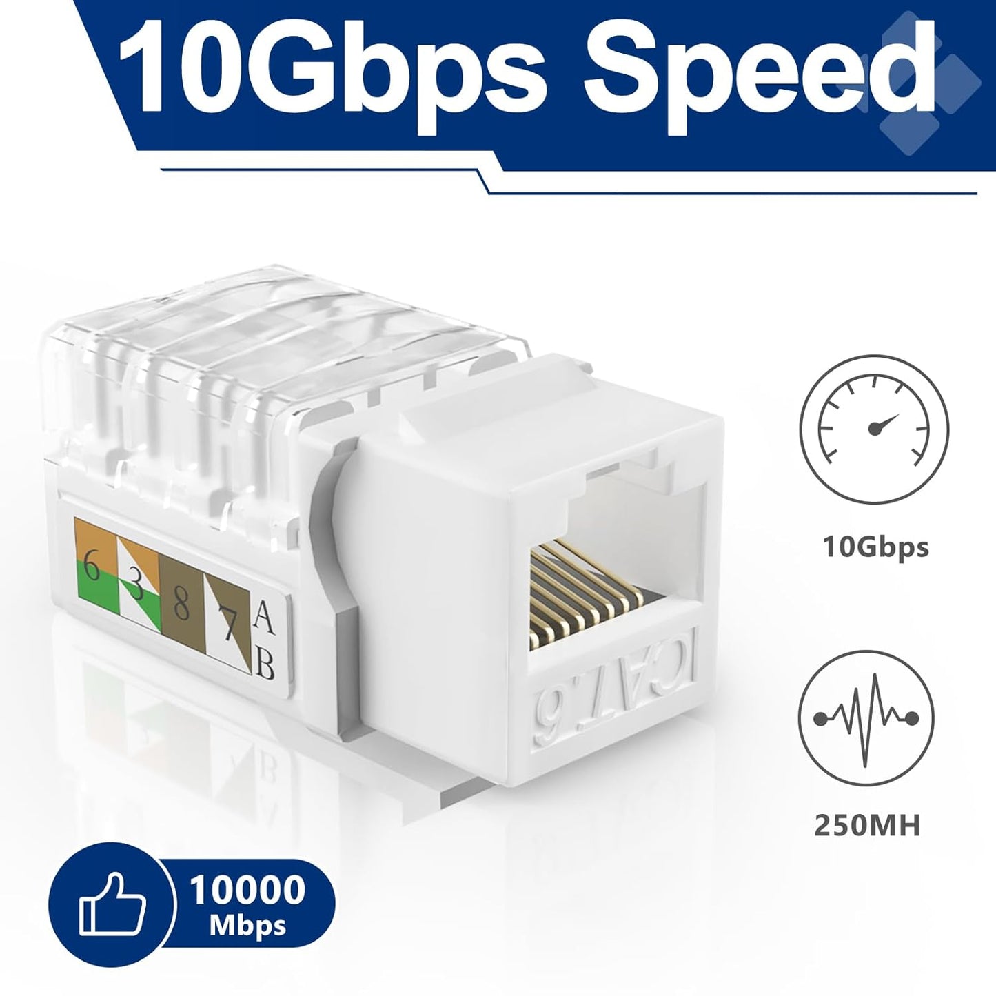 Keystone Jack 25-Pack, RJ45 Cat6 Keystone Jacks, Cat6 Ethernet Jack 90 Degree Punch Down Stand for Patch Panel & Wall Plate, White