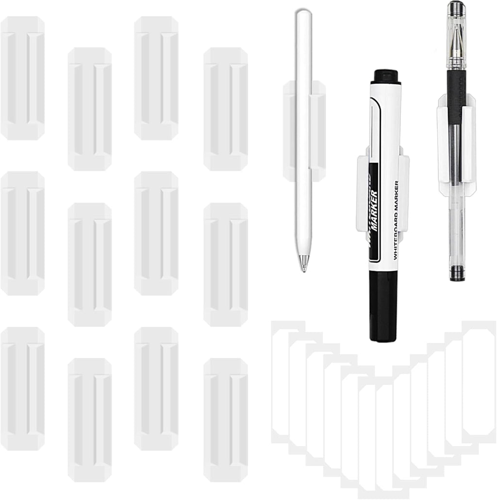 12 Pack Pen Holder for Desk, Silicone Pencil Holder with 12 Extra Adhesive Stickers, Adhesive Pen Holder & Marker Clip for Classroom Office Desk or Any Surface, Teacher Accessories Supplies (White)