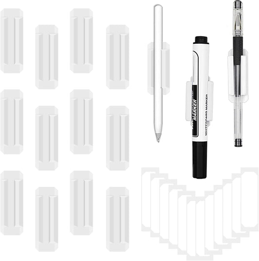 12 Pack Pen Holder for Desk, Silicone Pencil Holder with 12 Extra Adhesive Stickers, Adhesive Pen Holder & Marker Clip for Classroom Office Desk or Any Surface, Teacher Accessories Supplies (White)